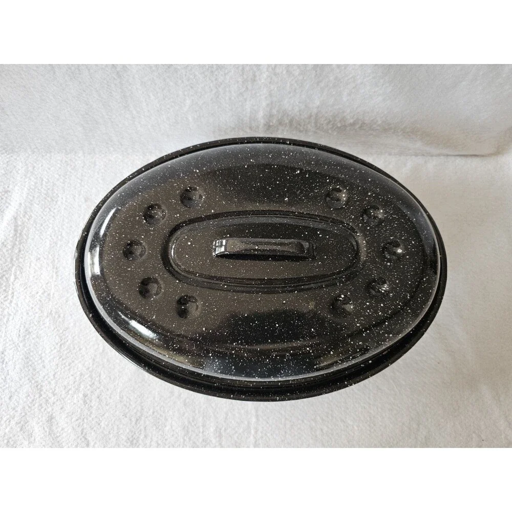 Black Speckled Enamel Roasting Pan With Lid Oval Graniteware 15 Inch